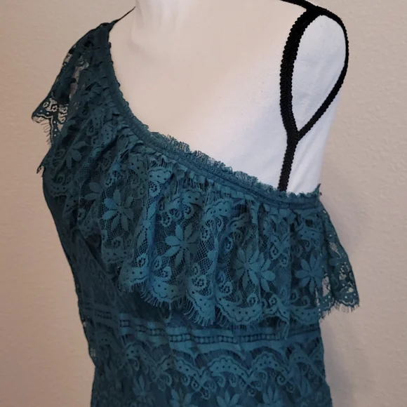 Green Side Shoulder Lace Dress M - Picture 5 of 7